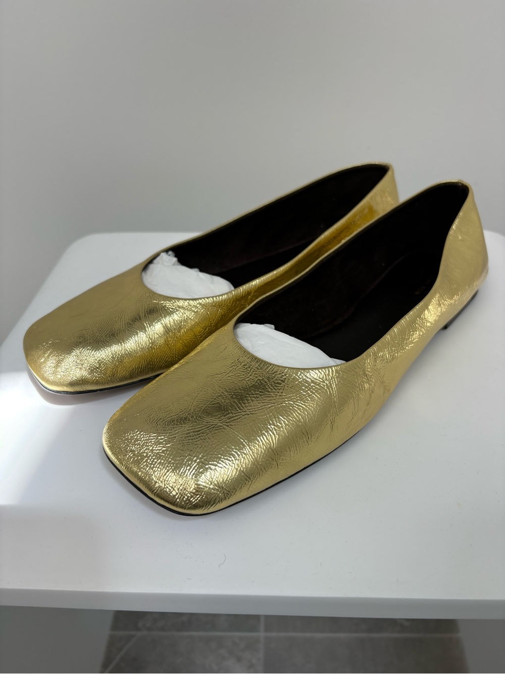 The Row Gold Metallic Square-Toe Ballet Flats